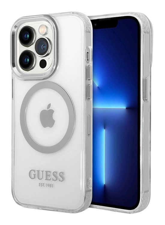Накладка Guess для iPhone 15 Pro PC/TPU Metal outline Hard (MagSafe), Transparent/Silver (GUHMP15LHTRMS). Фото 1