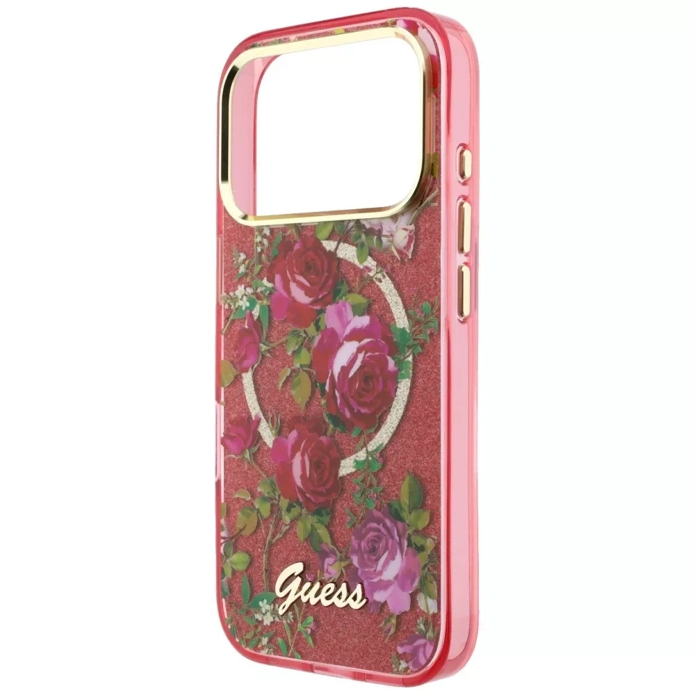 Накладка Guess для iPhone 18 Pro / 17 Pro IML Glitter Flowers Roses Metal Logo&Cam Hard (MagSafe), Burgundy (GUHMP18L6HTBGSLU). Фото 5