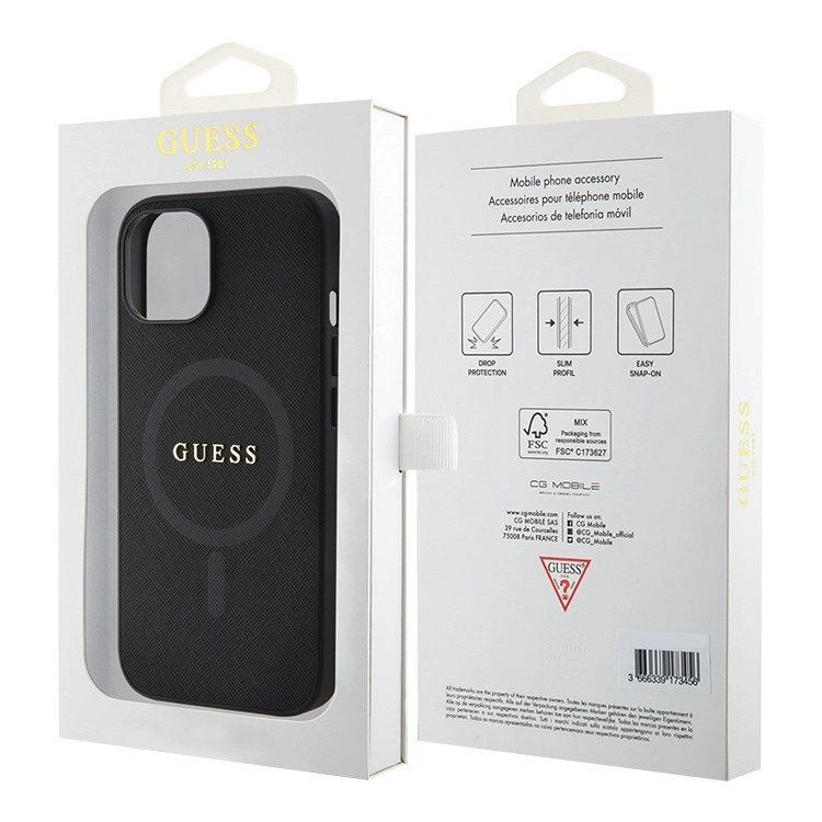 Накладка Guess для iPhone 15 PU Saffiano with metal logo Hard (MagSafe), Black (GUHMP15SPSAHMCK). Фото 5
