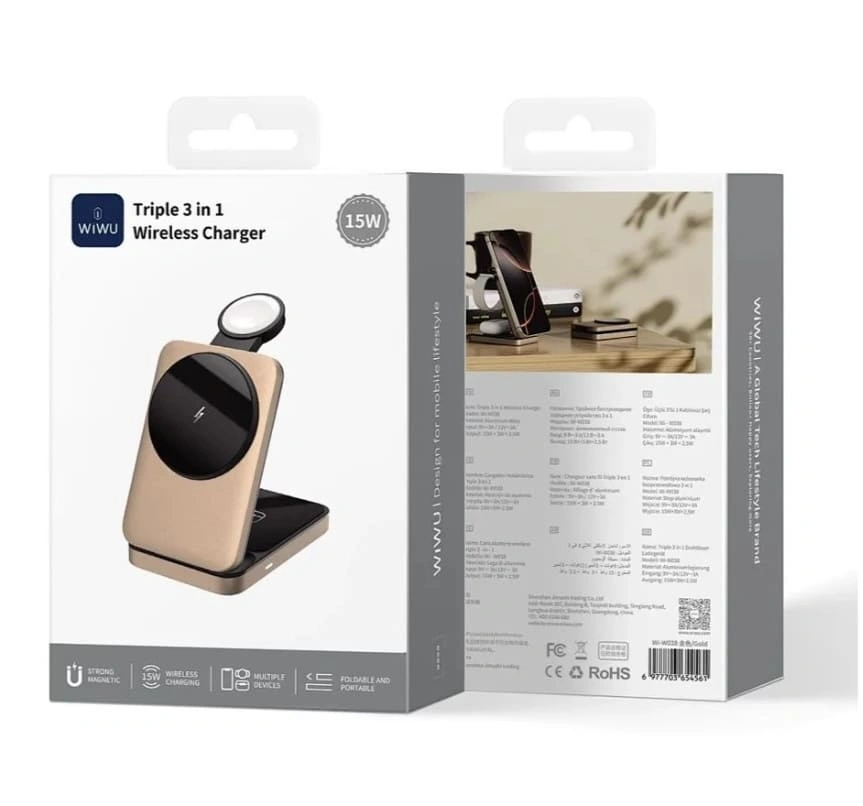 Беспроводная зарядная станция Wiwu Triple 3in1 Wireless Charger 15W Wi-W038, Gold. Фото 6