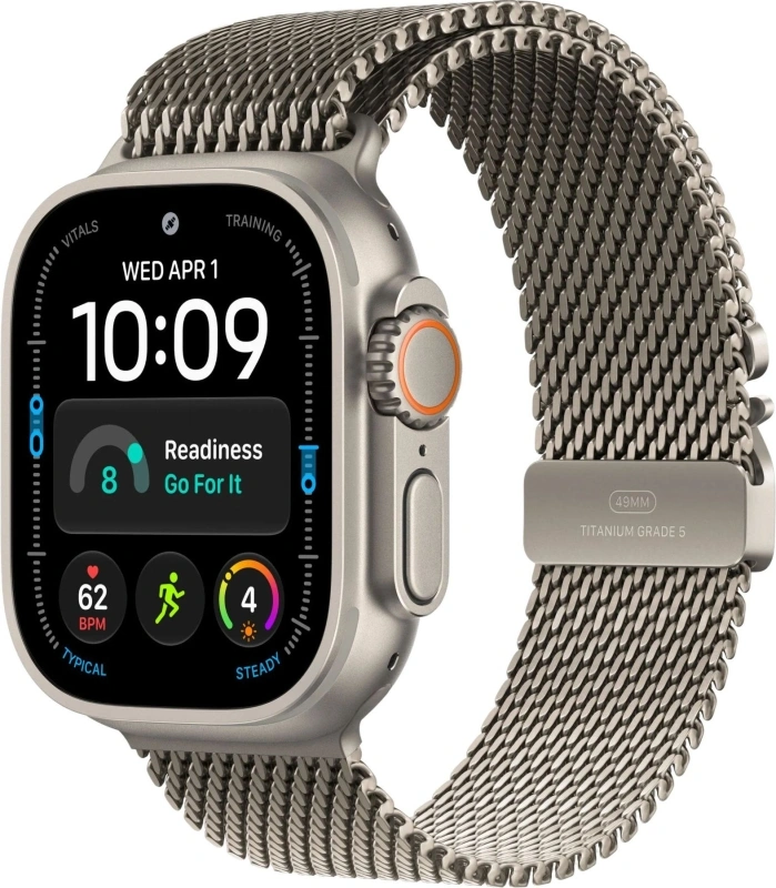 Умные часы Apple Watch Ultra 4 (2026) GPS+Cellular 49мм, Натуральный титановый корпус, ремешок "Натуральная миланская петля" размер M 155-185 мм (MJA94). Фото 1