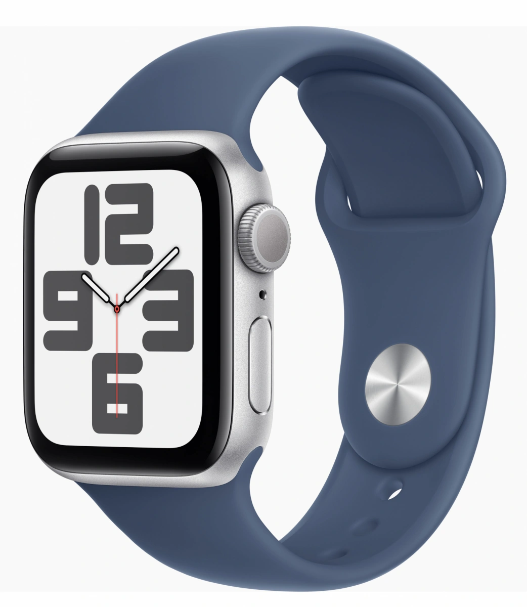 Apple Watch SE 2024, 40 мм, алюминий цвета "серебро", Denim Sport Band, S/M (MXEC3). Фото 1