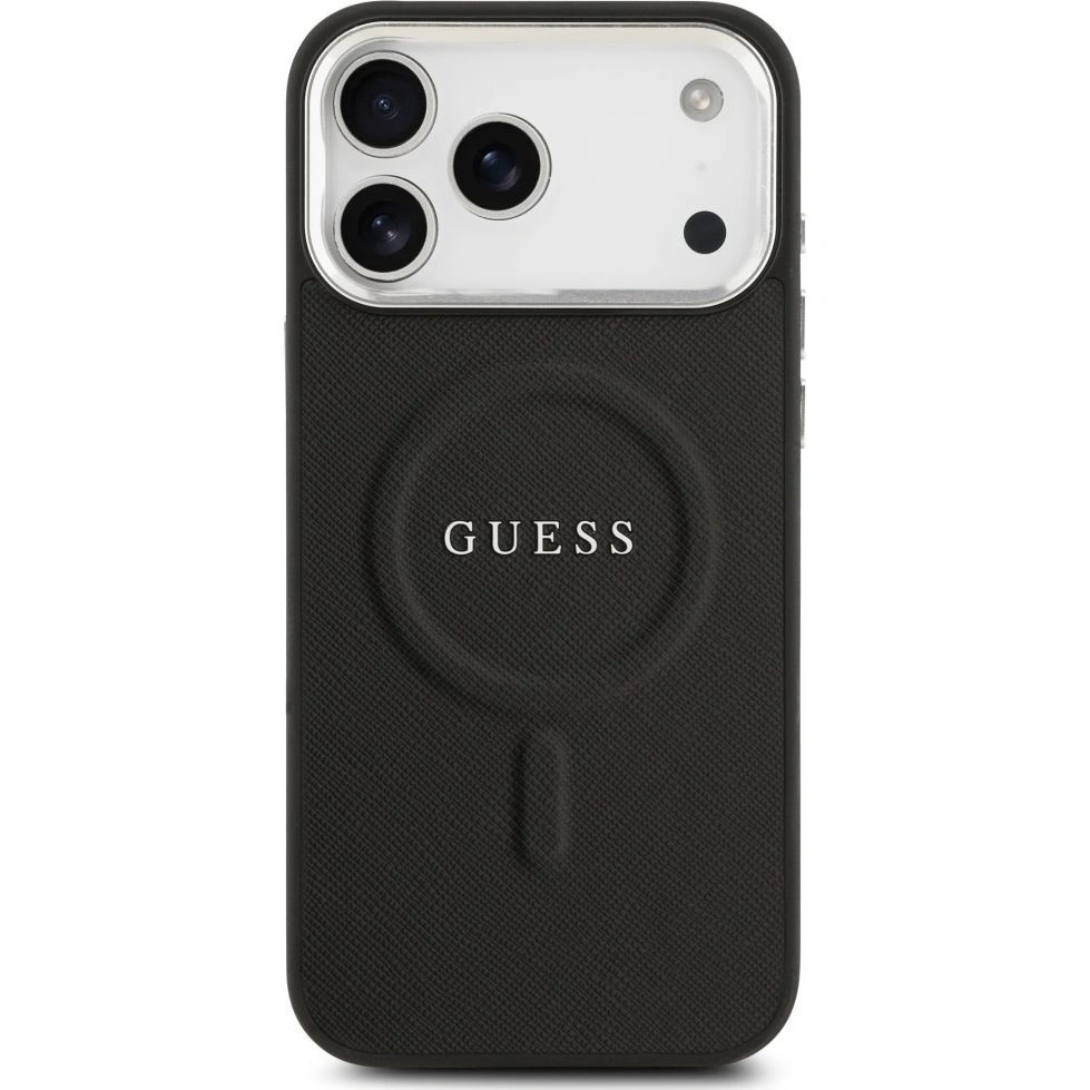 Накладка Guess для iPhone 17 Pro PU Grained leather Classic metal logo & Cam (MagSafe), Чёрная (GUHMP17LPSAREGSK). Фото 4