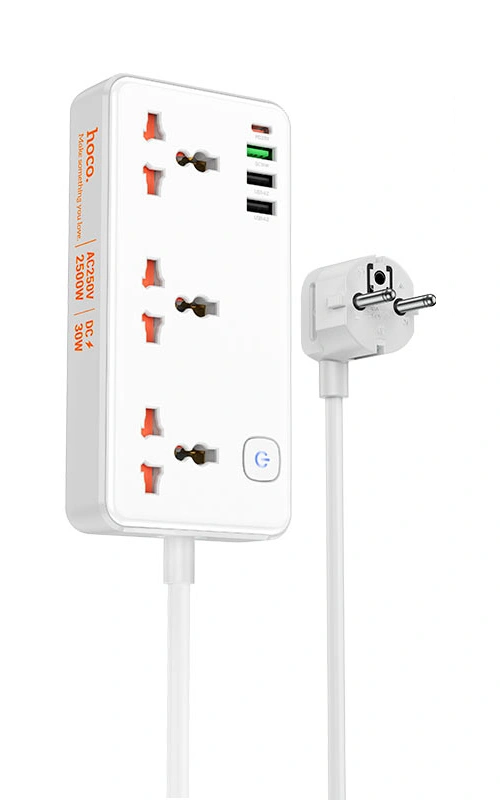 Сетевой фильтр Hoco AC8A 3 гнезда, USB-C, 3*USB-A 2500W 1.5m, Белый. Фото 1