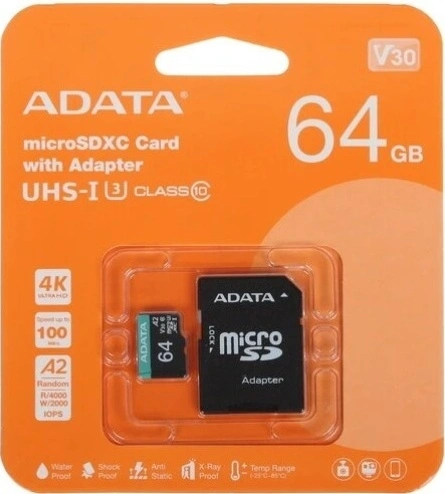 Карта памяти AData Premier Pro 64 ГБ MicroSD + SD адаптер (AUSDX64GUI3V30SA2-RA1). Фото 1