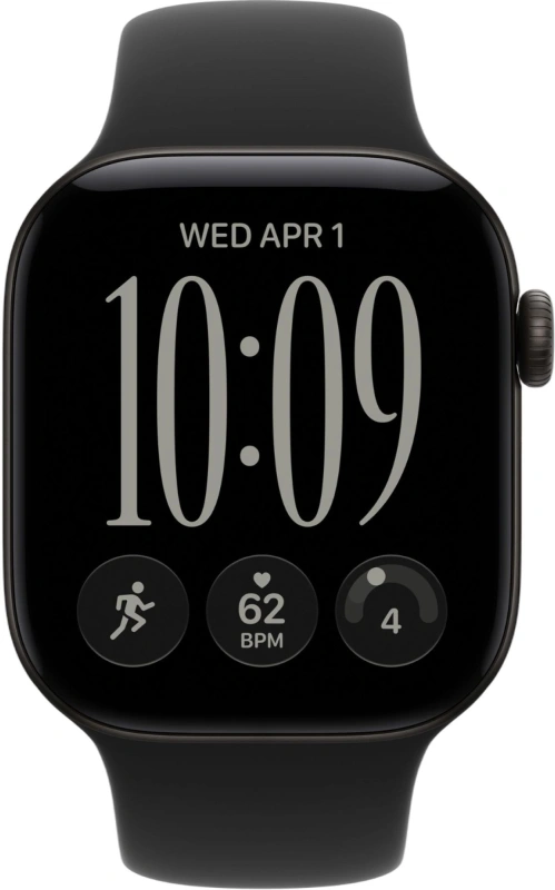 Умные часы Apple Watch Series 12 GPS, 42мм, Чёрный алюминиевый корпус, спортивный ремешок чёрного цвета, размер S/M 130-180 мм (MJEA4). Фото 2