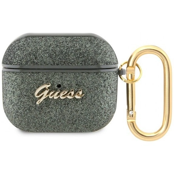 Чехол с карабином Guess Glitter flakes Metal logo для AirPods 3, Green (GUA3HGGSHA). Фото 1
