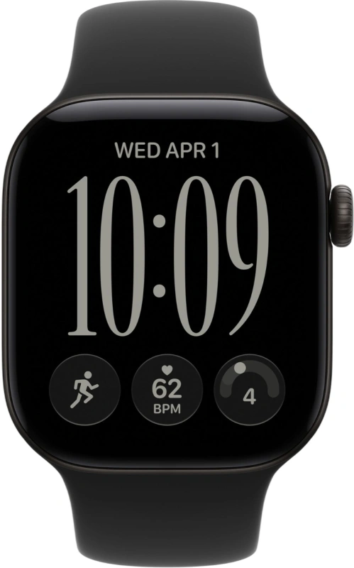Умные часы Apple Watch Series 12 GPS, 46мм, Чёрный алюминиевый корпус, спортивный ремешок чёрного цвета, размер S/M 140-190 мм (MJEK4). Фото 2