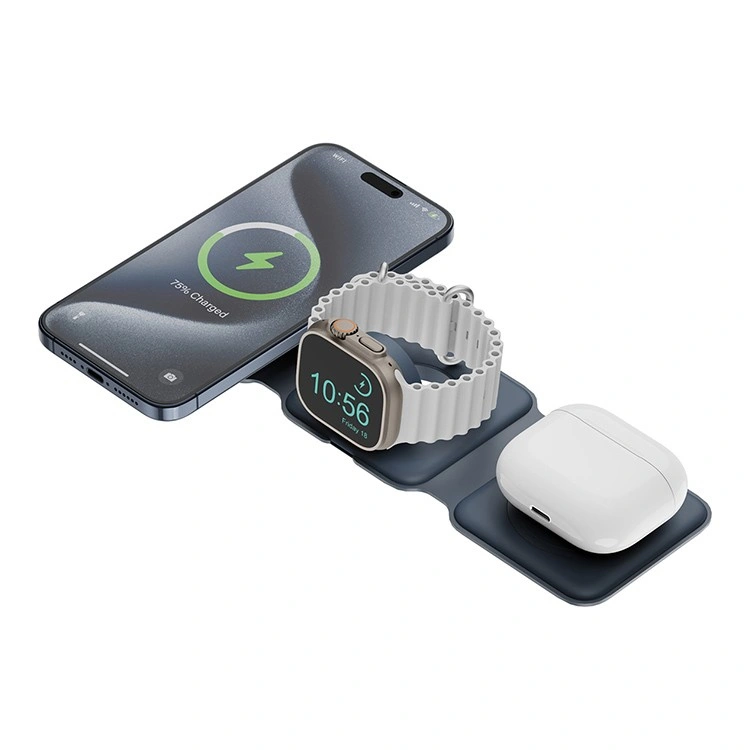 Беспроводное зарядное устройство EnergEA Bazic GoMag Trio PLUS magnetic wireless foldable 15W, Blue (GM-TRIOPLUS-BLU). Фото 2