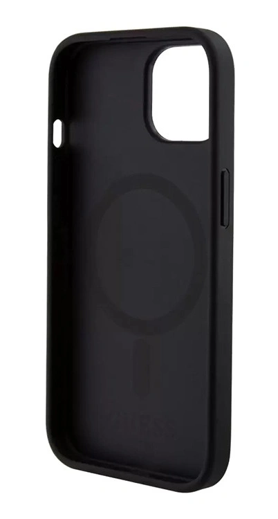 Накладка Guess для iPhone 15 PU 4G Bottom stripe Metal logo Hard (MagSafe), Black (GUHMP15SG4GLGR). Фото 4