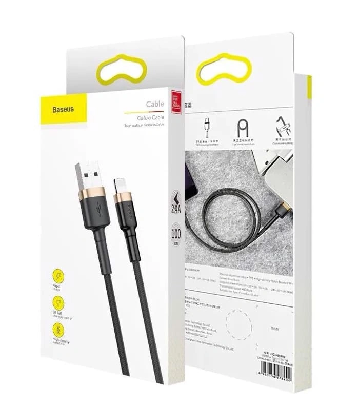 Кабель Baseus Cafule Cable USB - Lightning 1м 2.4A, Золотисто-чёрный (CALKLF-BV1). Фото 4