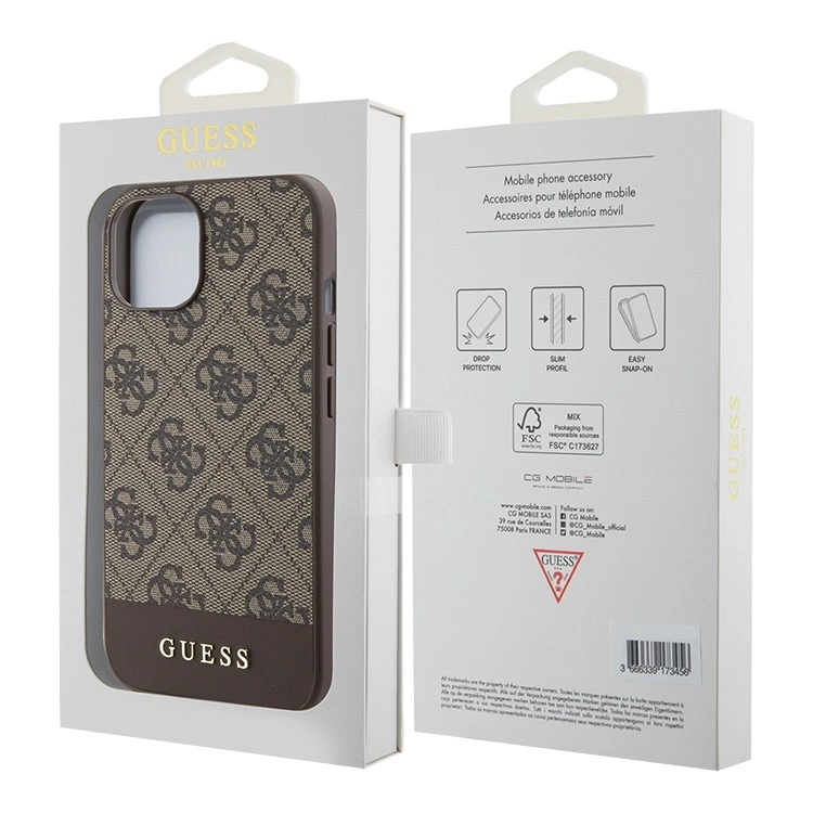 Накладка Guess для iPhone 15 PU 4G Bottom stripe Metal logo Hard (MagSafe), Brown (GUHMP15SG4GLBR). Фото 5