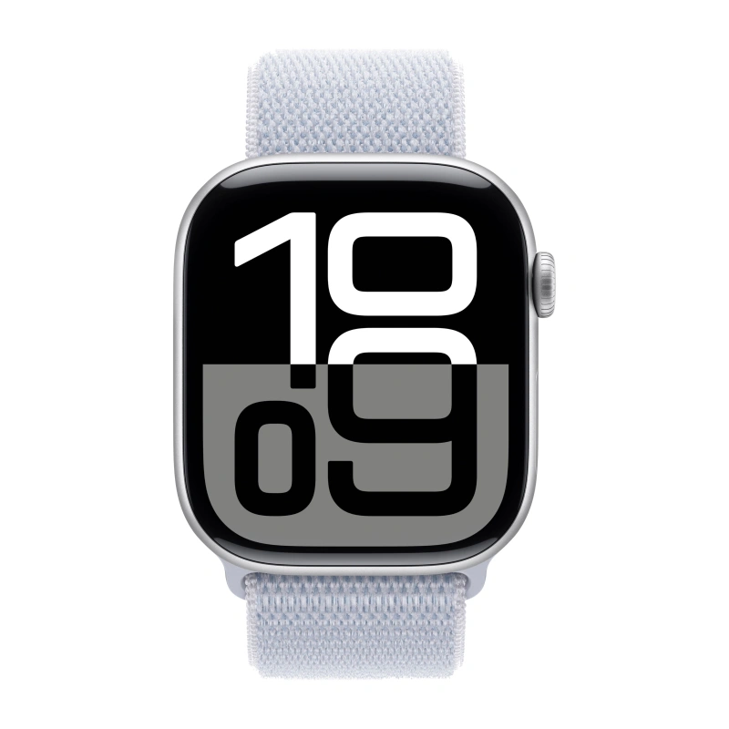 Apple Watch Series 10, 46 мм, серебристый алюминий, спортивный браслет цвета "Blue Cloud" (MWWN3). Фото 2