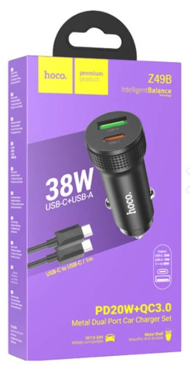 Автомобильное зарядное устройство Hoco Z49B USB-C+USB-A PD38W + кабель USB-C to USB-C, Чёрное. Фото 2