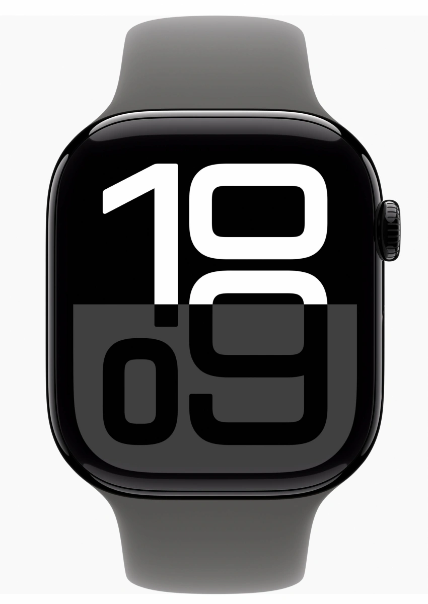 Apple Watch Series 10, 42 мм, алюминий цвета «чёрный глянец», спортивный ремешок цвета "Stone Gray", S/M (MWWX3). Фото 2