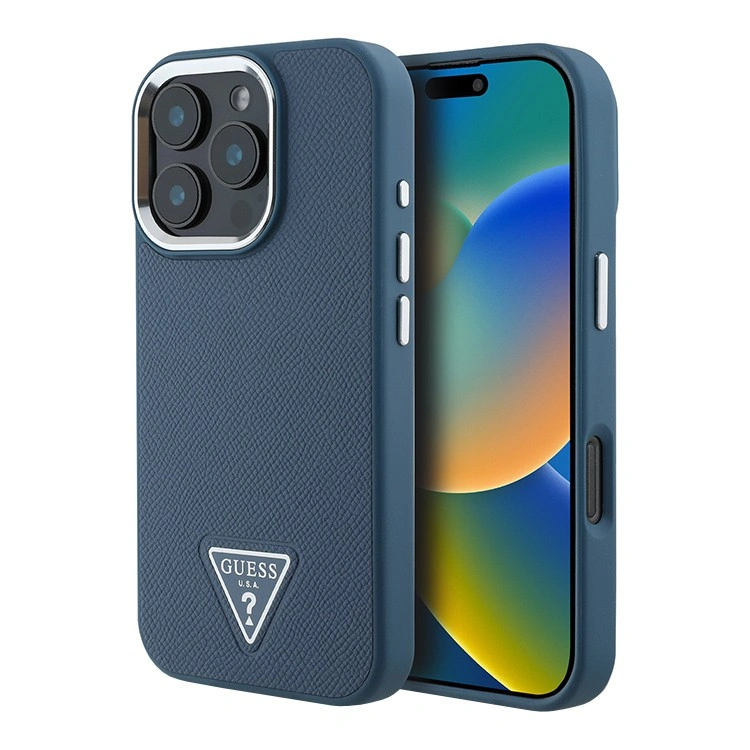 Накладка Guess для iPhone 16 Pro Max PU Grained leather Triangle metal logo Hard (MagSafe), Blue (GUHMP16XPGTSPSB). Фото 1