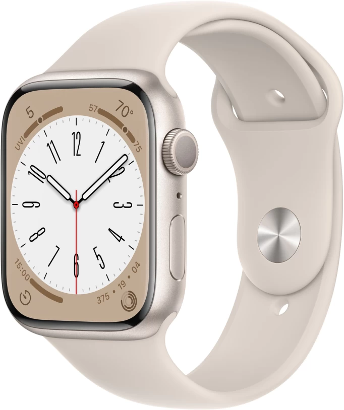 Apple Watch Series 8, 45 mm, алюминий цвета "сияющая звезда", спортивный ремешок "сияющая звезда" (MNP23)