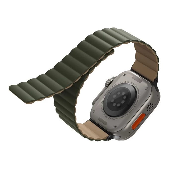 Ремешок Uniq Revix Reversible Magnetic Silicone Strap для Apple Watch 44/45/49мм, Зелёный, бежевый (49MM-REVMGRNTAN)
