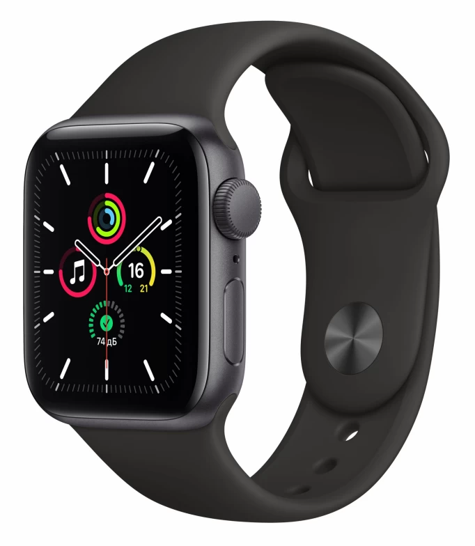 Apple Watch SE, 44 мм, алюминий "серый космос", спортивный ремешок чёрного цвета (MYDT2)