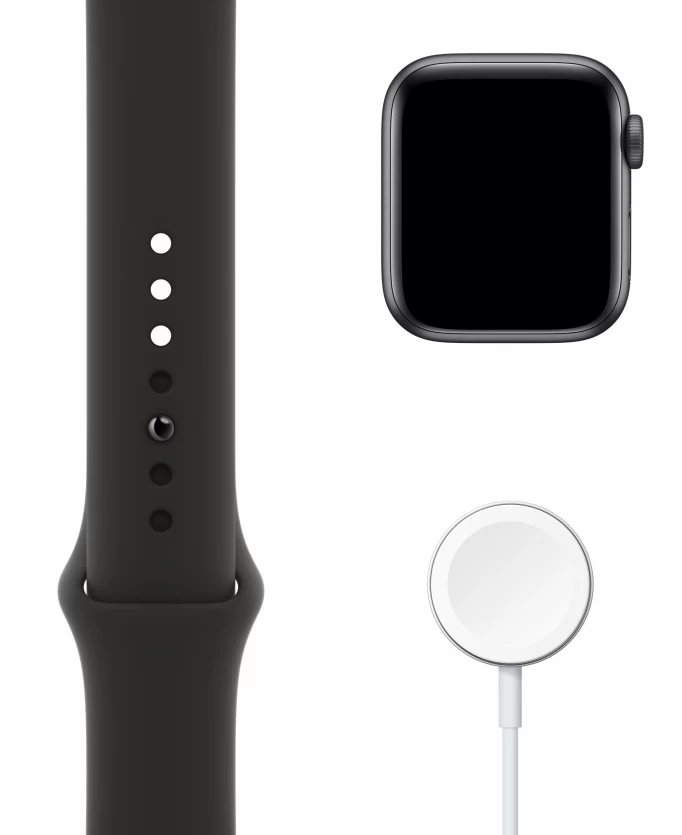 Apple Watch SE, 44 мм, алюминий "серый космос", спортивный ремешок чёрного цвета (MYDT2)