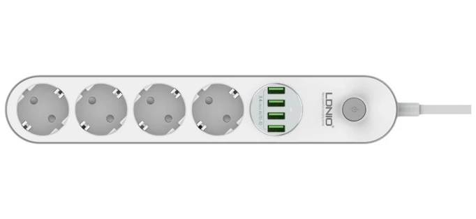 Сетевой фильтр LDNIO Power Strip (2м, 4 розетки, 4 USB), Белый (SE4432)