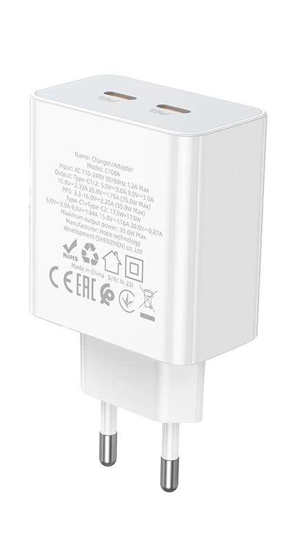 Сетевое зарядное устройство Hoco C108A Leader 2xUSB-C, 3А, PD35W + USB-C кабель Lightning 8-pin, 1 м, Белый